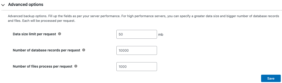 Advanced options for backup