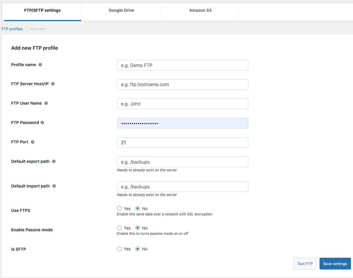 Authenticate FTP/SFTP for backup