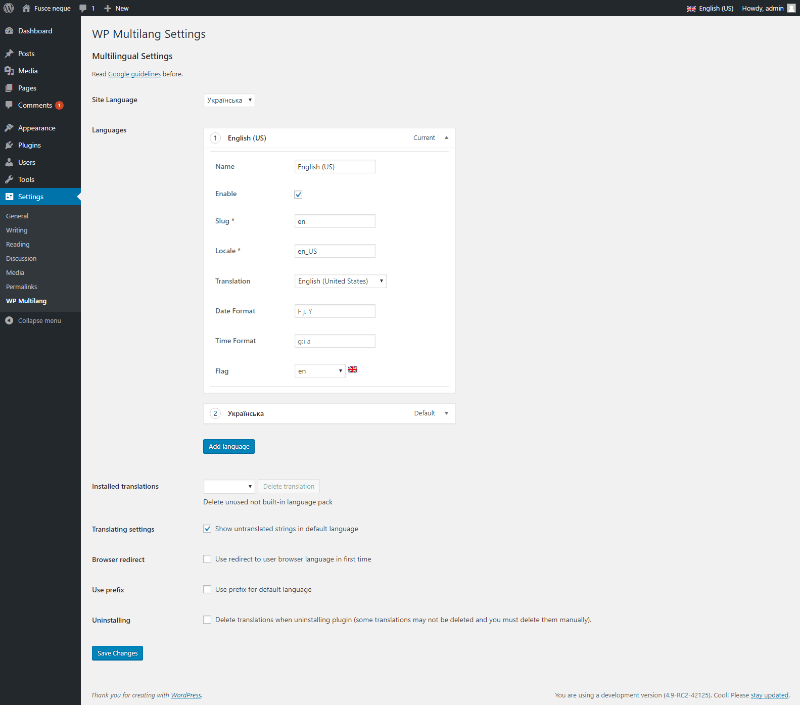 Settings page