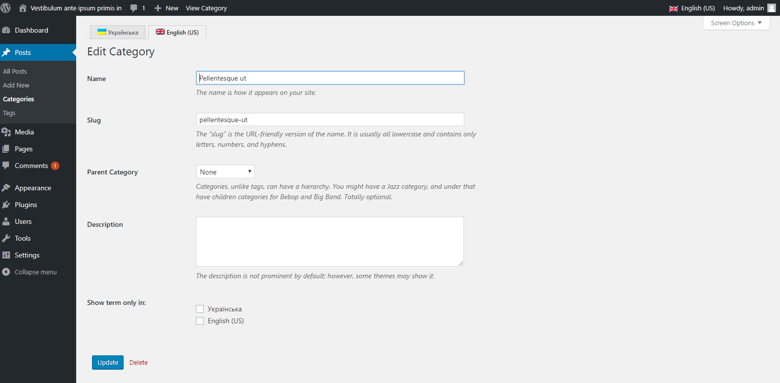 Taxonomy edit page