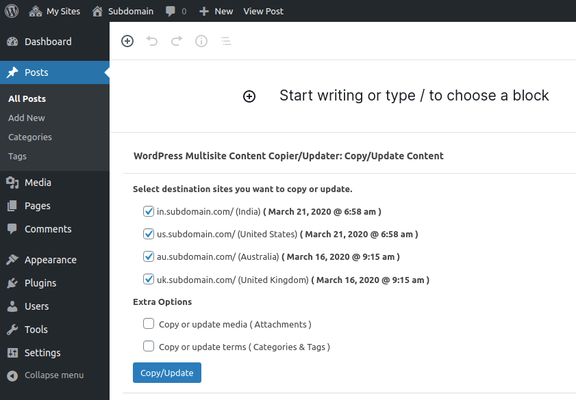 <strong>Individual Copy/Update:</strong> You can copy/update individual posts/pages (public, private and future) from one site to the other sites.