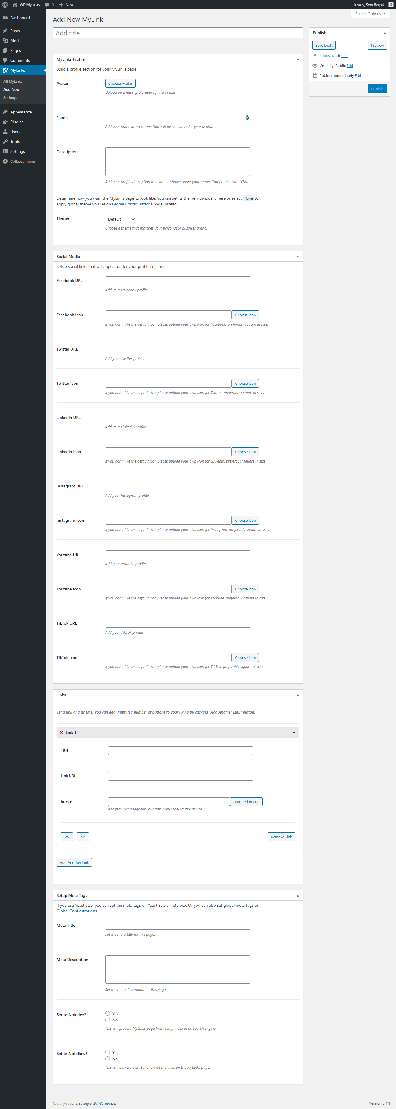 Add New MyLink post editor to start creating MyLink landing page