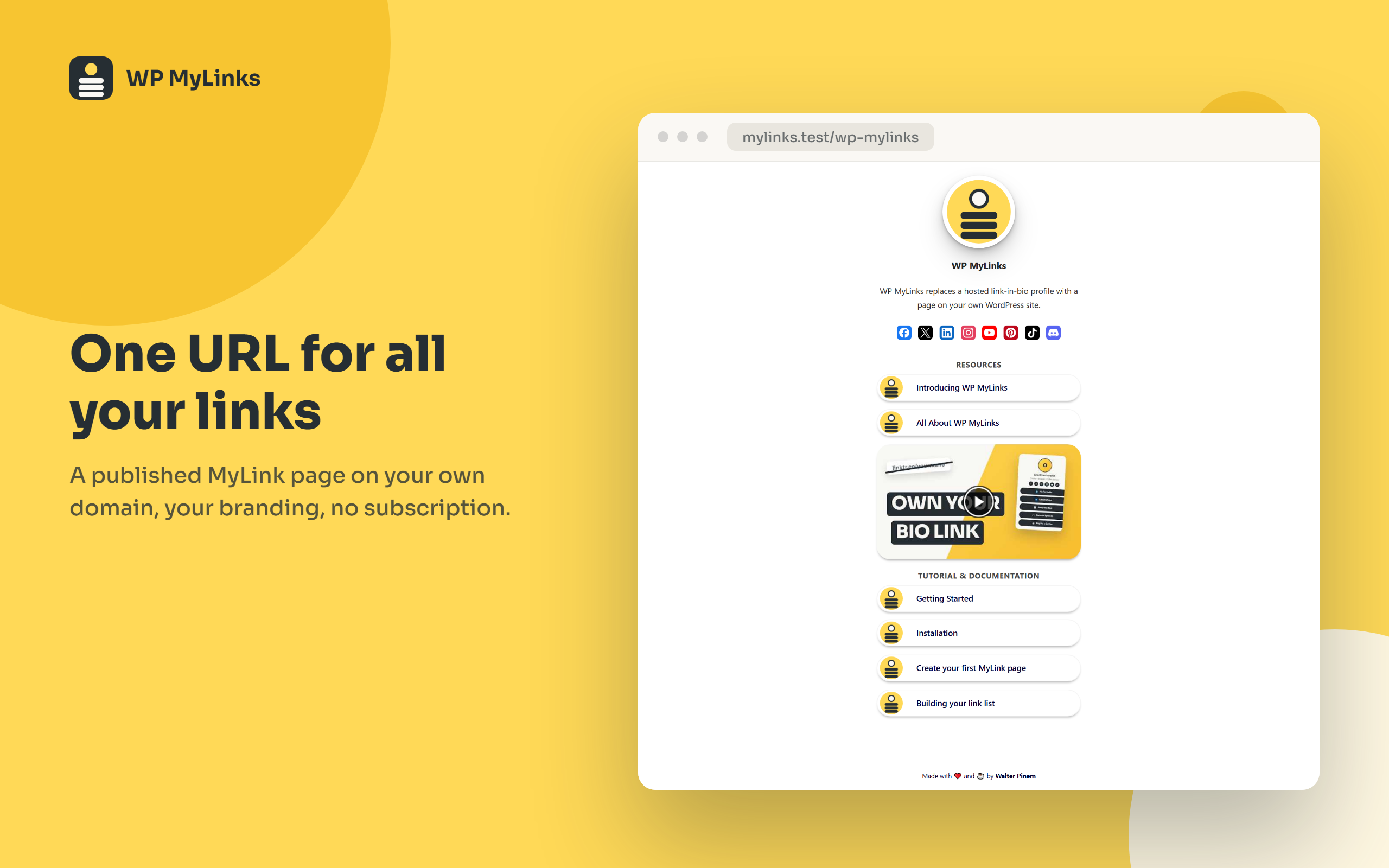 A published MyLink page, one URL for all your links, on your own domain