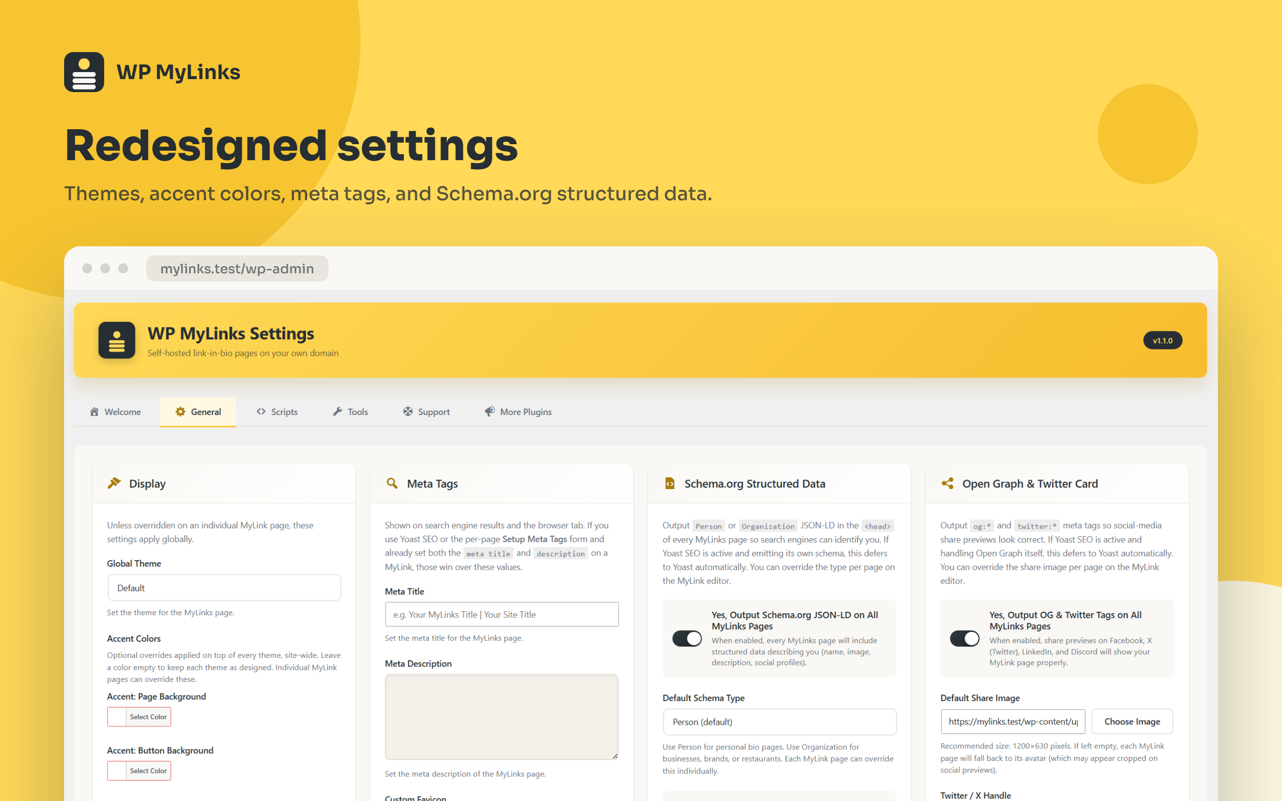 The redesigned settings, General tab with themes, accent colors, meta tags, and structured data