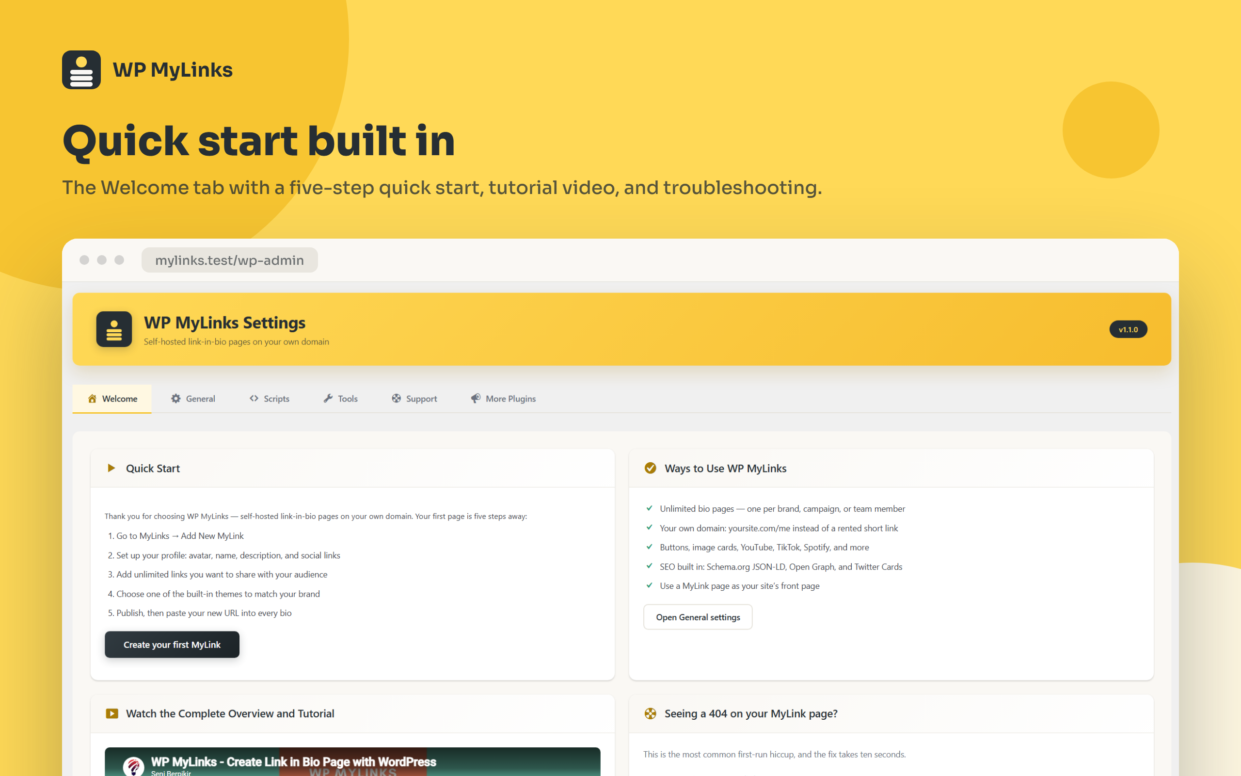 The Welcome tab with quick start, tutorial video, and troubleshooting