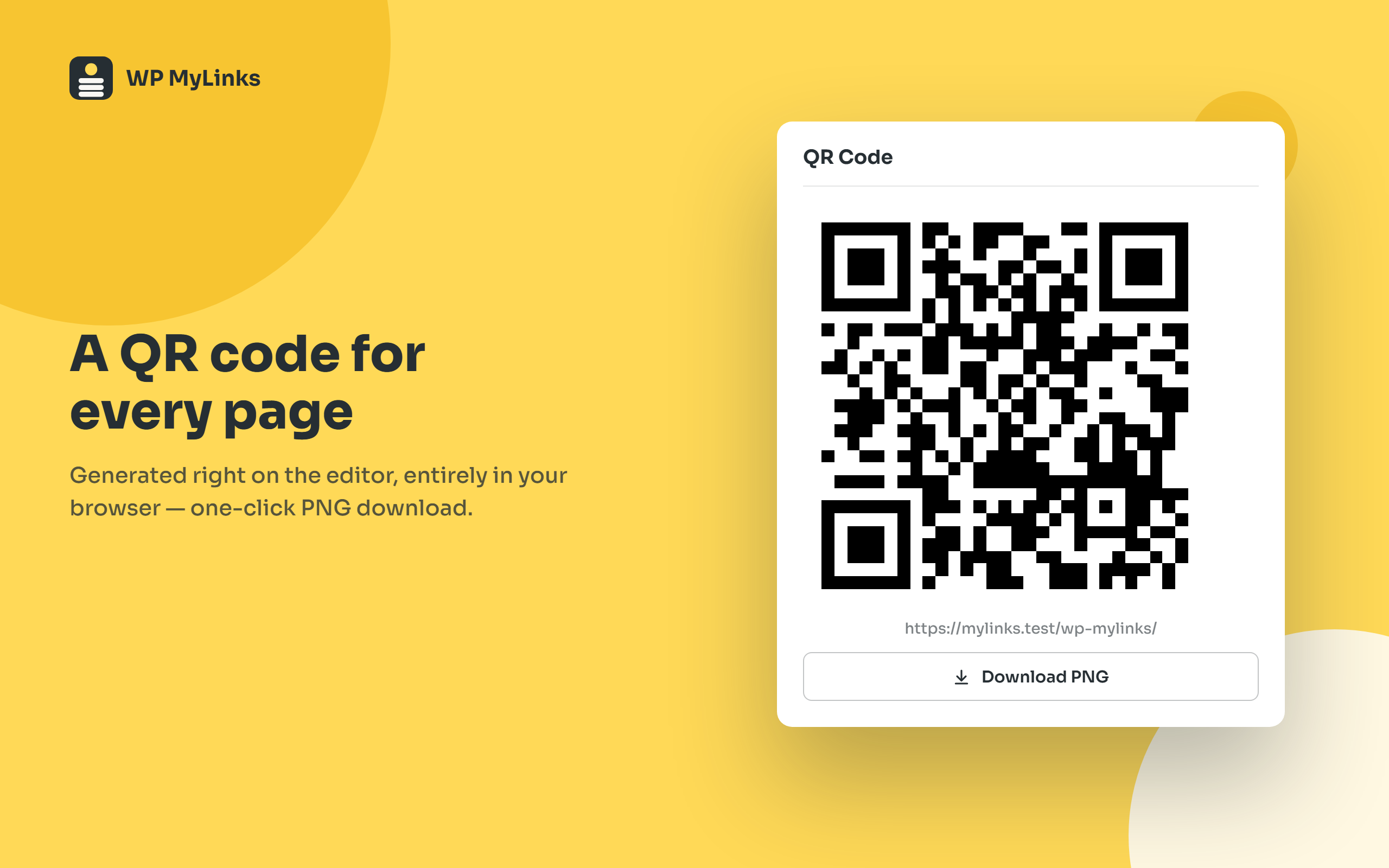 QR code generation right on the editor, with one-click PNG download