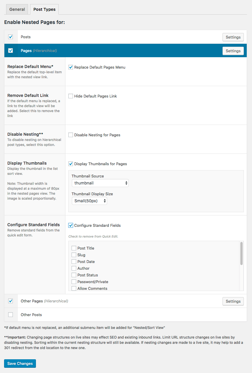 <p>The Nested Pages interface can be enabled on a per-post-type basis, with customizable options for each type.</p>