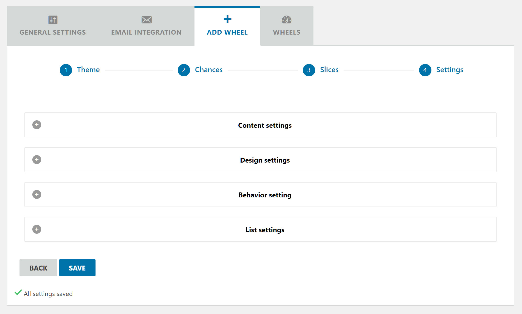 Settings screen in the WP admin.