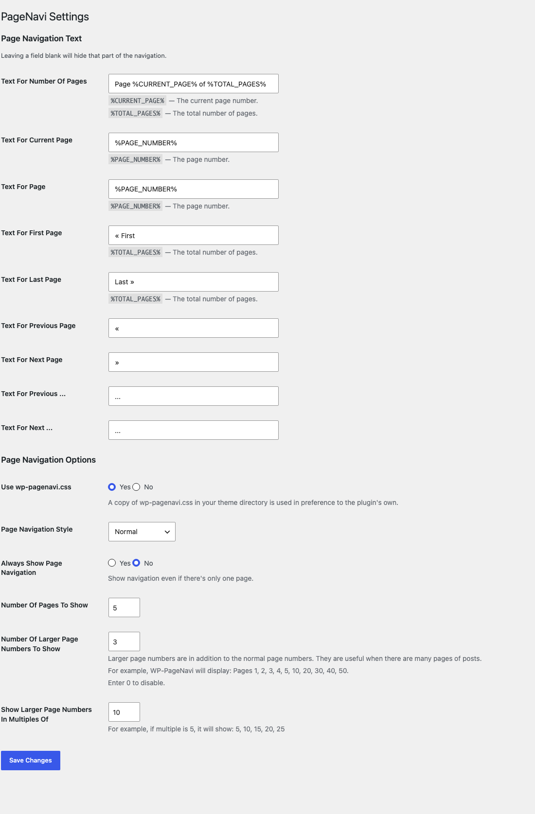 WP-PageNavi's Screenshot: Settings -> WP-PageNavi, where every piece of the navigation text is set