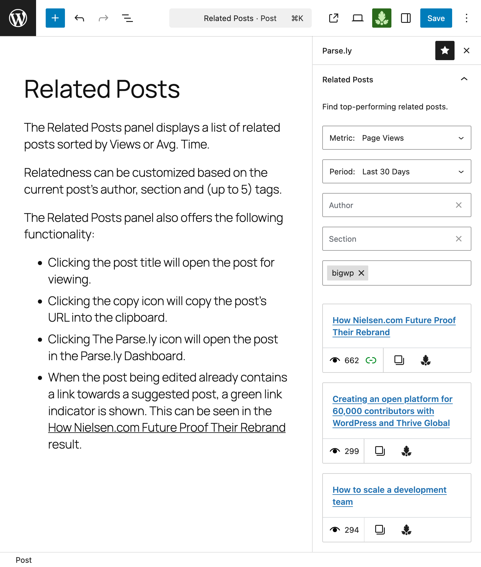A barra lateral do editor do Parse.ly com o painel Posts relacionados.<br />