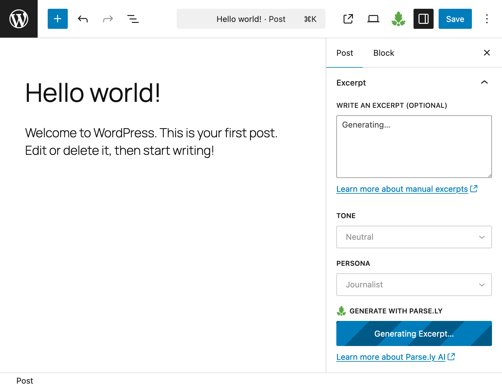 Sugestões de resumo do Parse.ly nas configurações do editor de post. Disponível também na barra lateral do editor do Parse.ly<br />