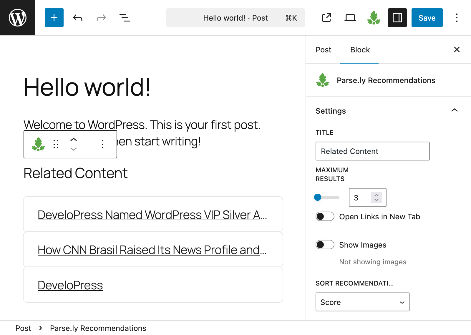O bloco de recomendações, exibindo links para o conteúdo relacionado no seu site.<br />
