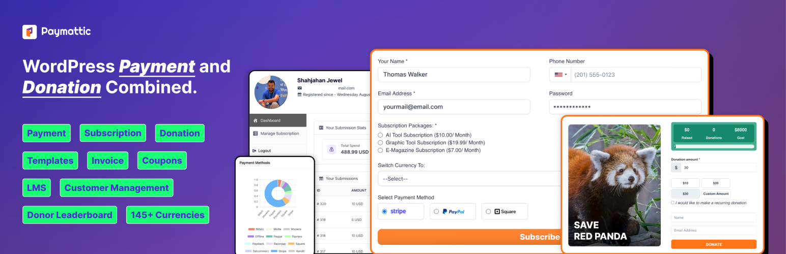 WordPress 外掛 Paymattic – Secure, Simple Payment & Donation with Subscription Payments, Recurring Donations, Customer Management 的封面圖片。