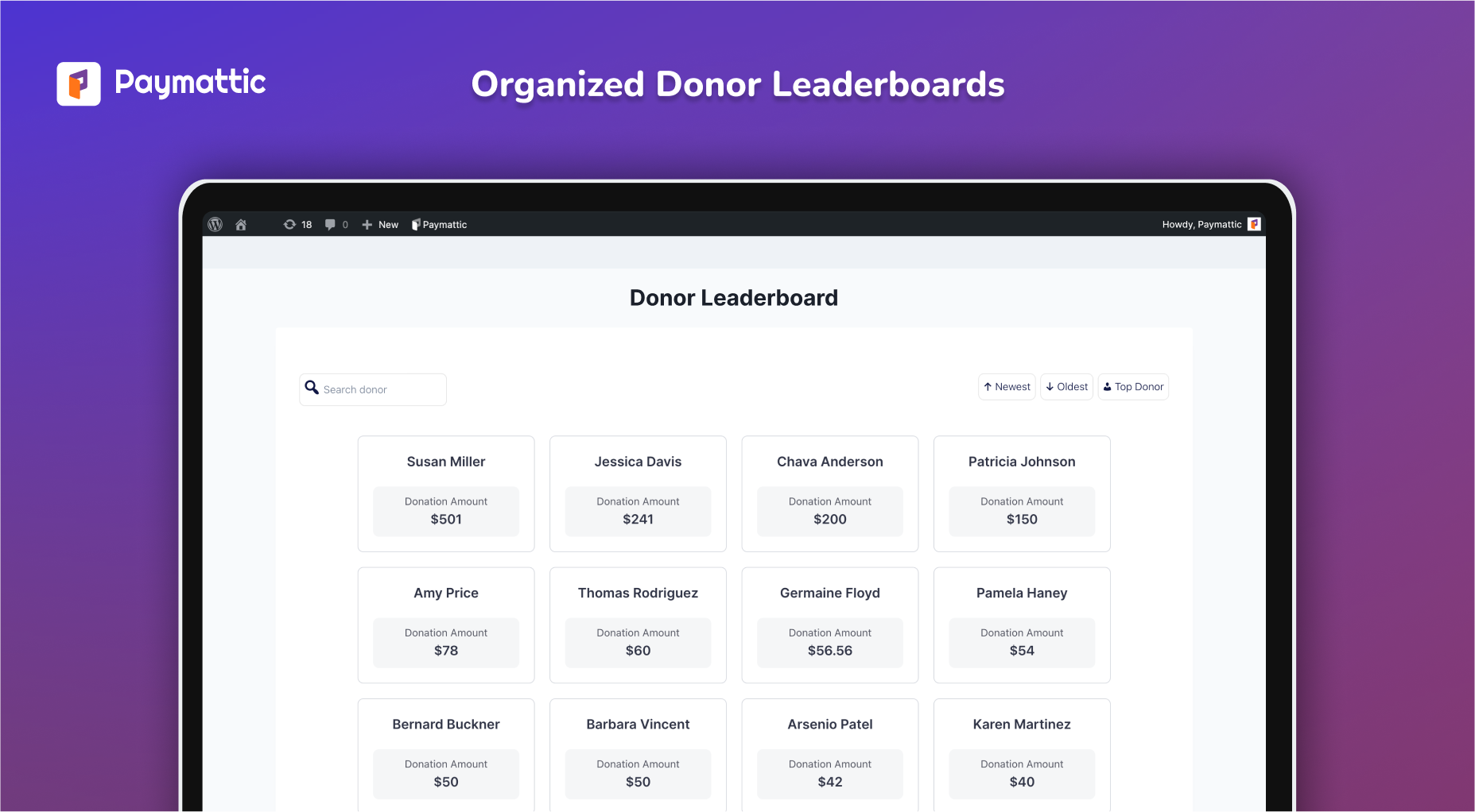 Get a clear view of your donors. Filter them by important categories such as Oldest, Newest, and Top Donors.