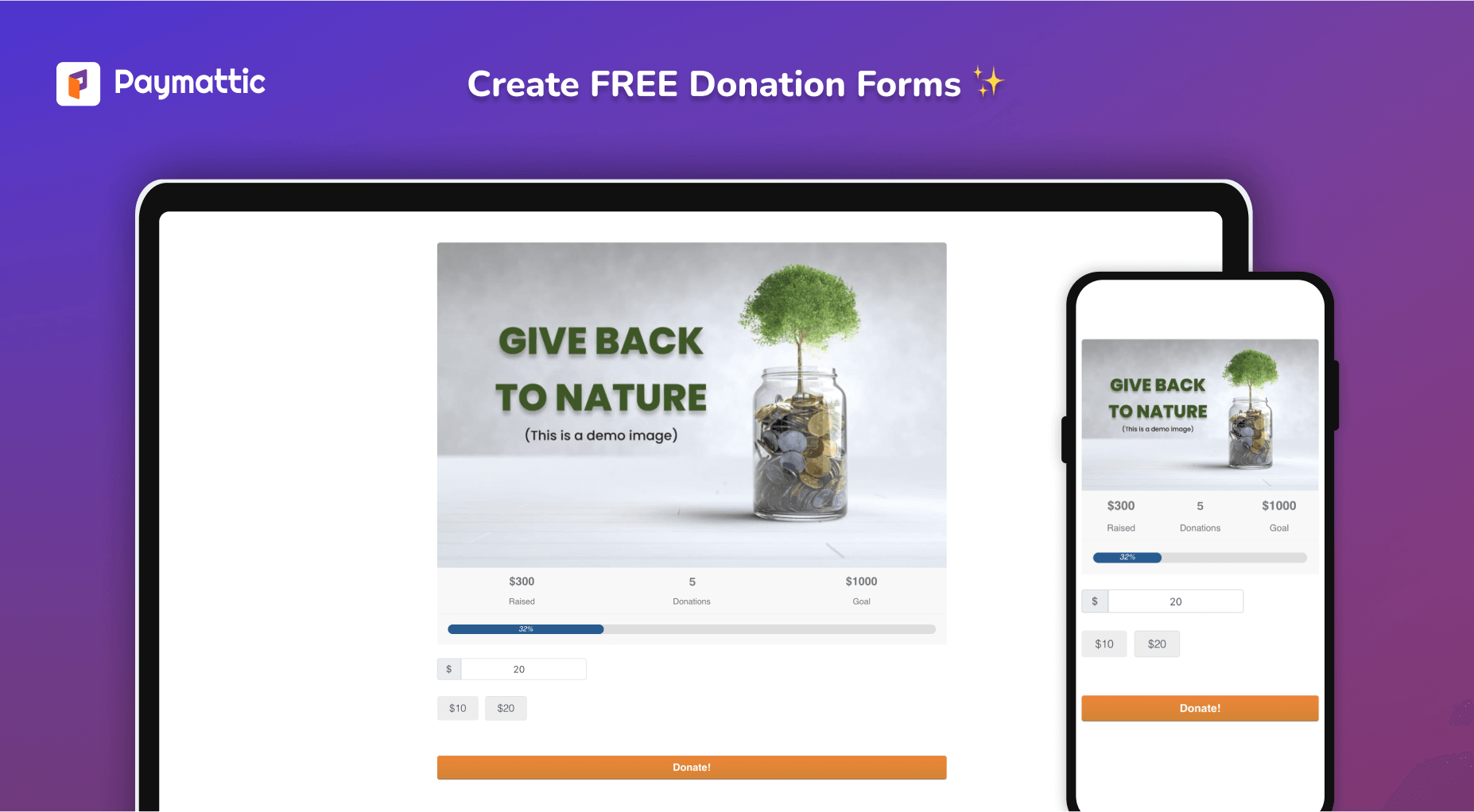 Accept donations for free with a donation progress bar displaying the percentage collected.