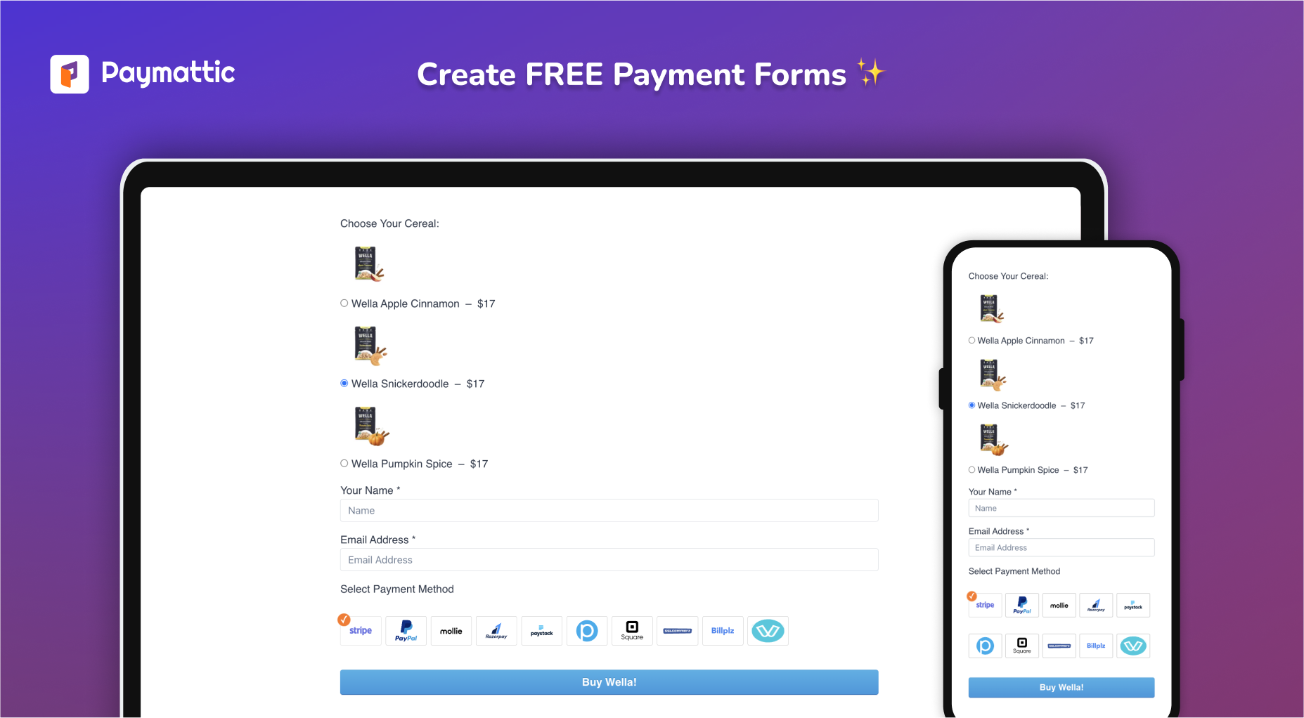 Create payment forms to accept payments from your customers. Stripe payments are available in the free plugin.