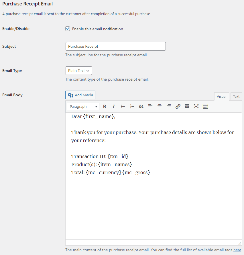 PayPal Purchase Receipt Email Settings