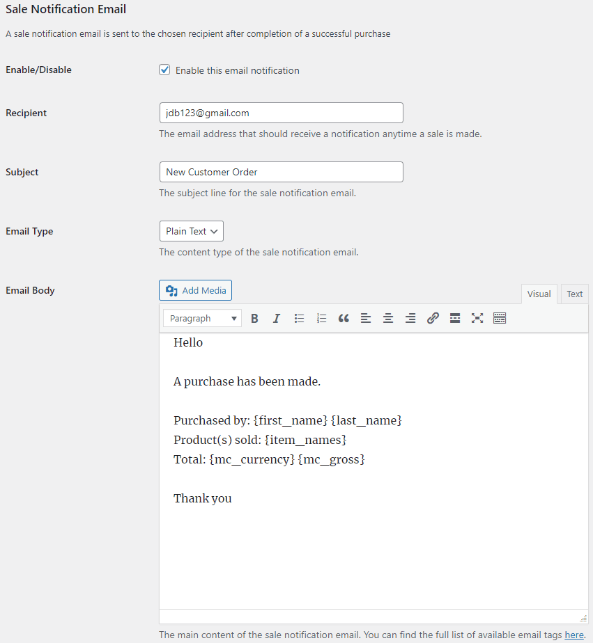 Sale Notification Email Settings