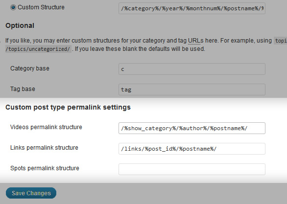 The extended permalink settings panel