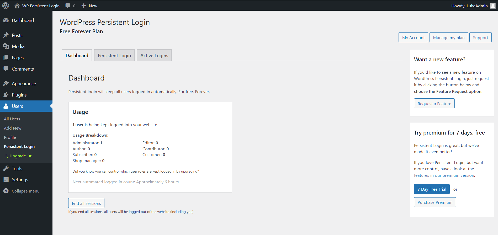 Dashboard stats of logged in users