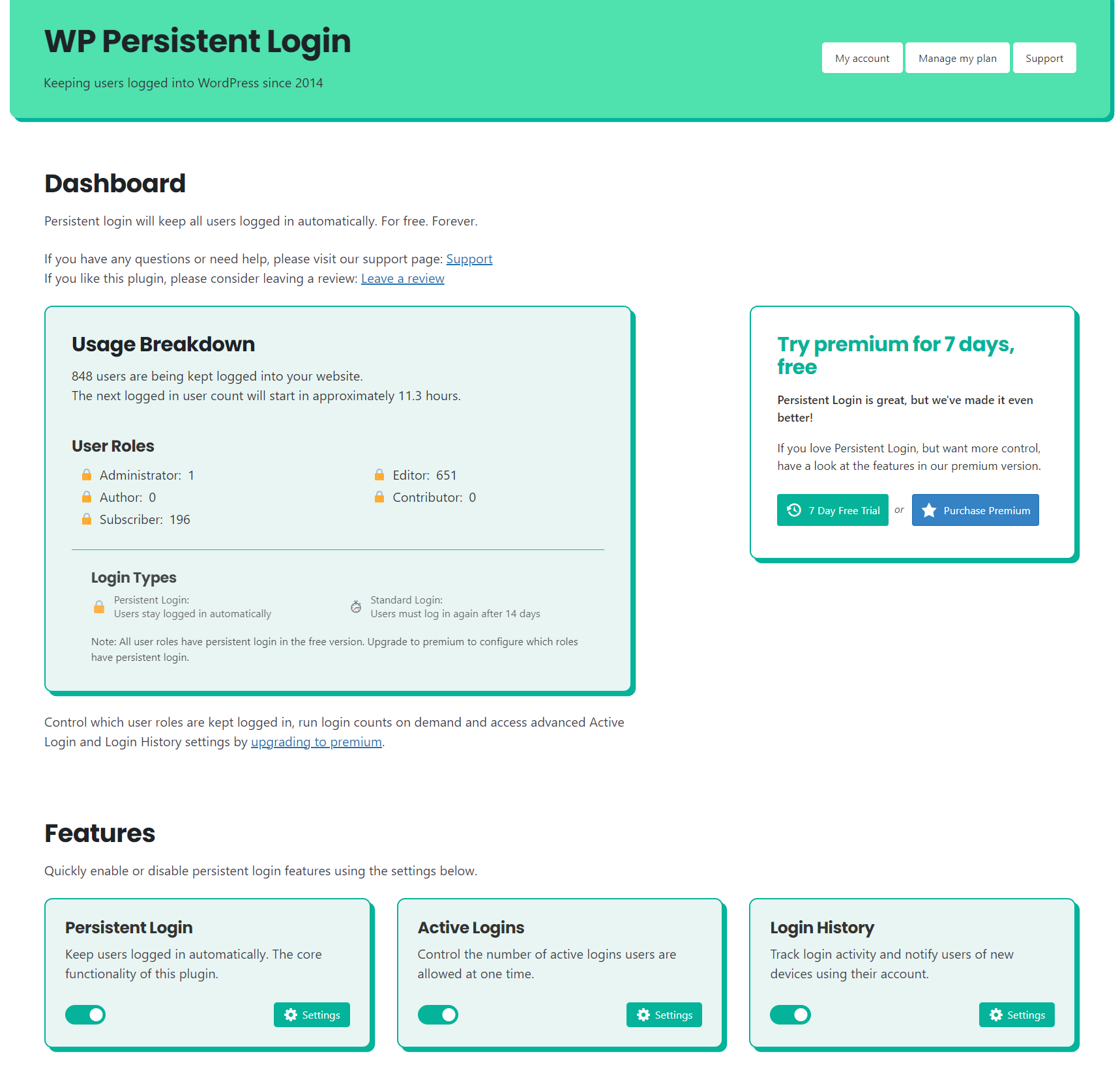 Dashboard stats of logged in users
