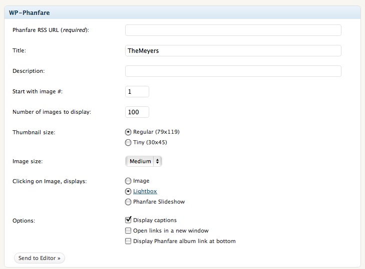 <p>This is the WP-Phanfare Panel which appears at the bottom of Post or Page edit screen.</p>