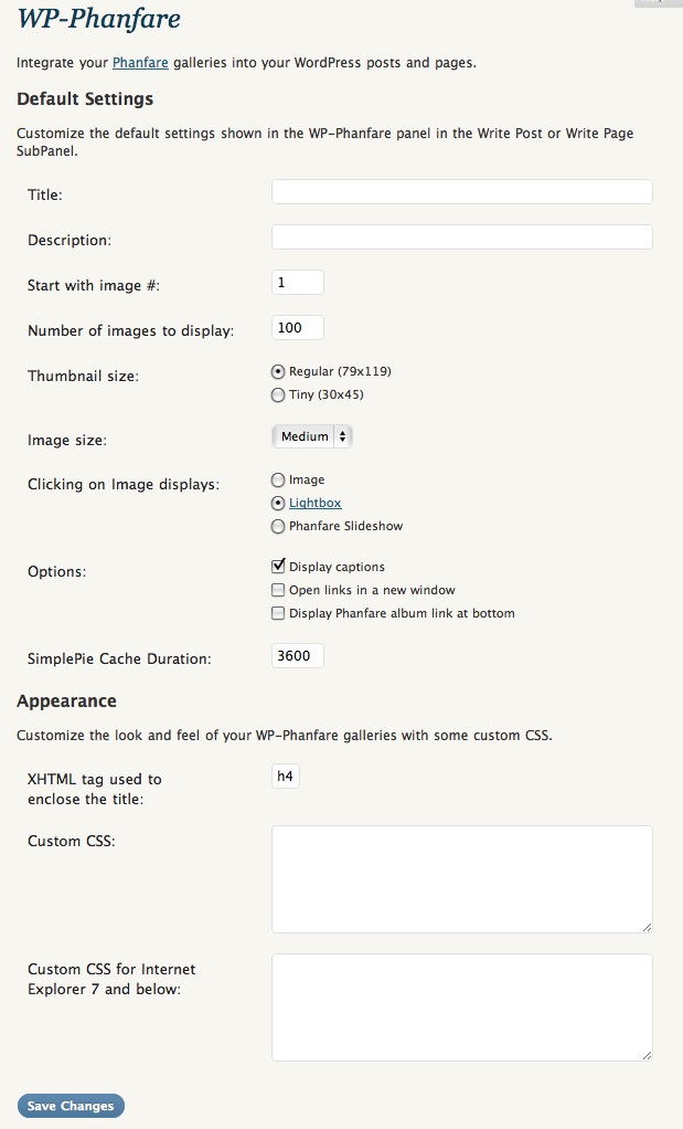 <p>This is the WP-Phanfare Admin Settings Panel which appears for configuring defaults.</p>