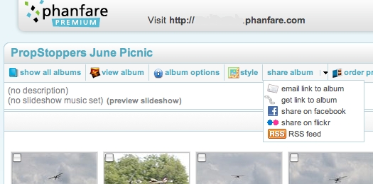 <p>This is a capture of the Phanfare Web Client showing the <em>Share Album</em> option, with the <em>RSS Feed</em> option.</p>