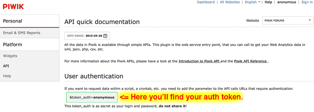 Matomo: Here you'll find your auth token.