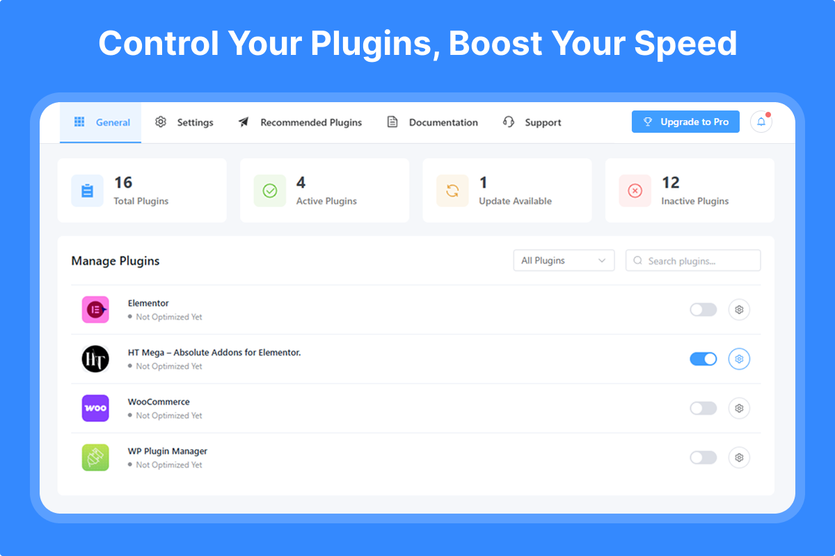 Main Dashboard - Overview of all plugins with optimization status
