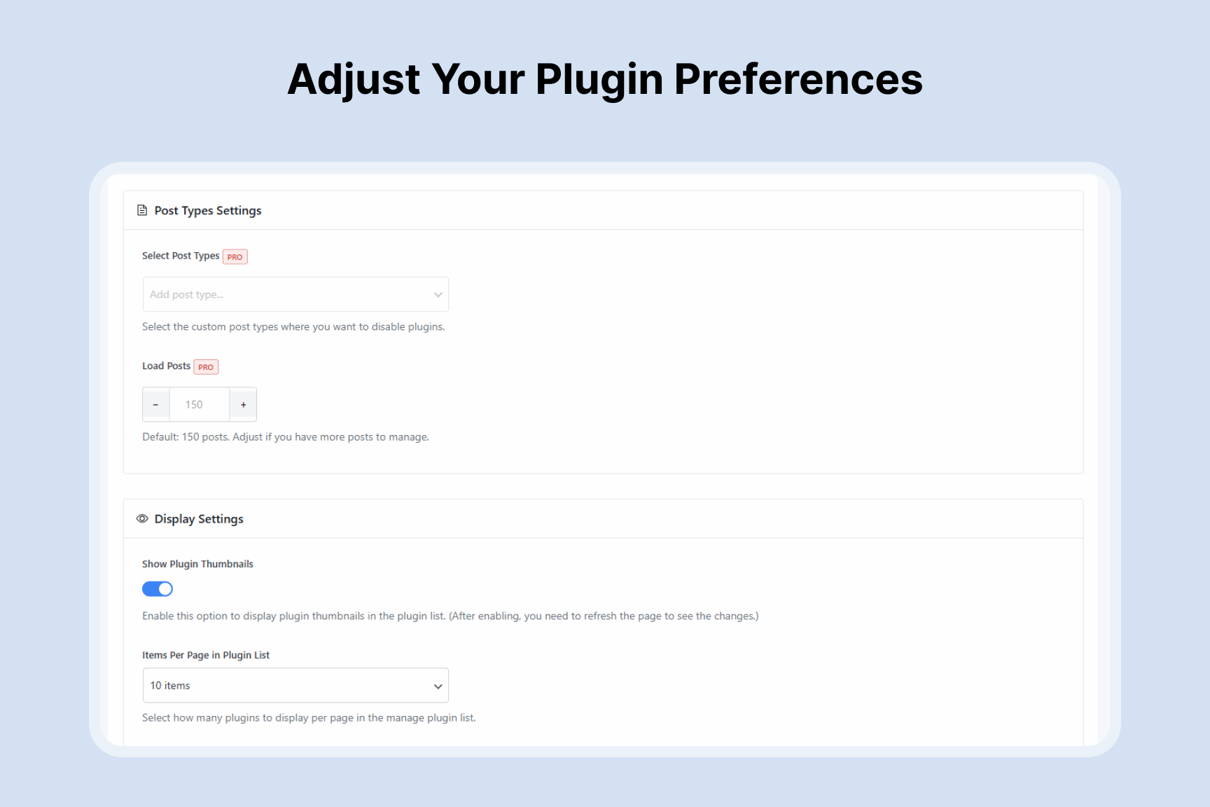 Plugin Dashboard Settings page