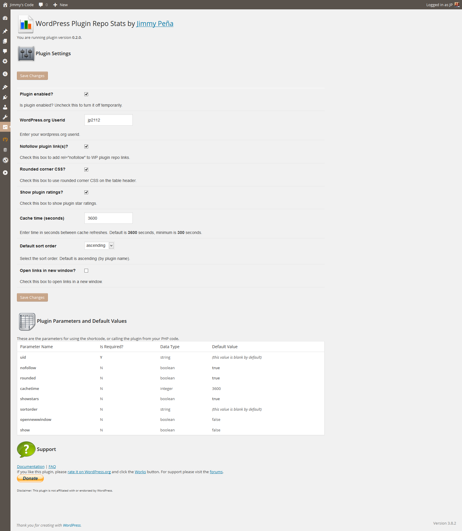 Plugin settings page