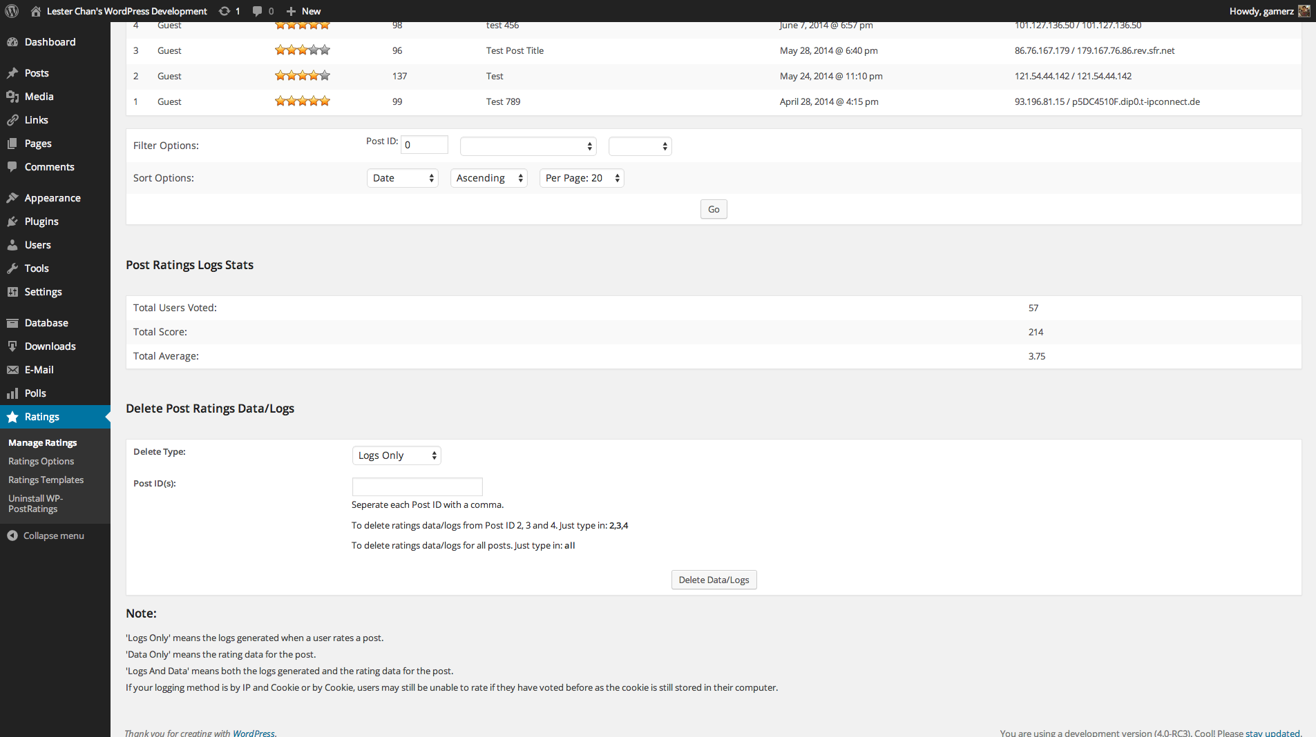 Admin - Ratings Log Bottom