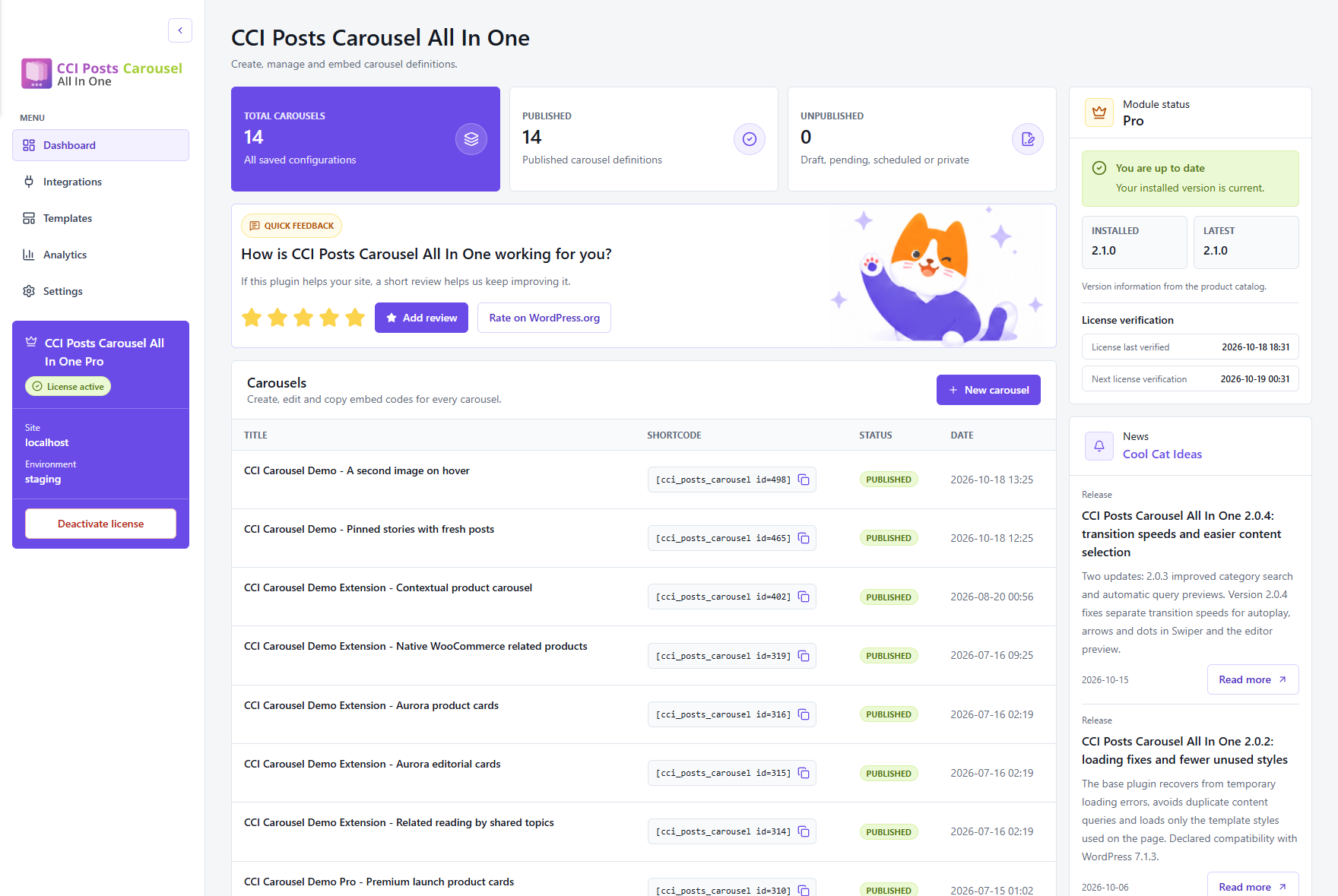 Manage saved carousels, copy their shortcodes and check publication status and product news.