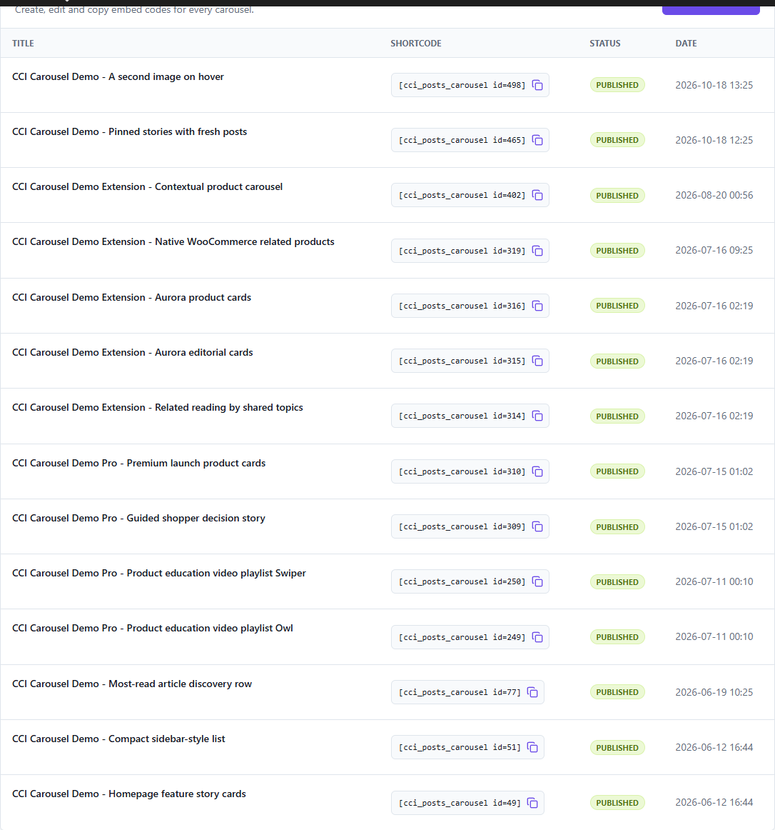 Each saved carousel has its own shortcode, publication status and last update date.