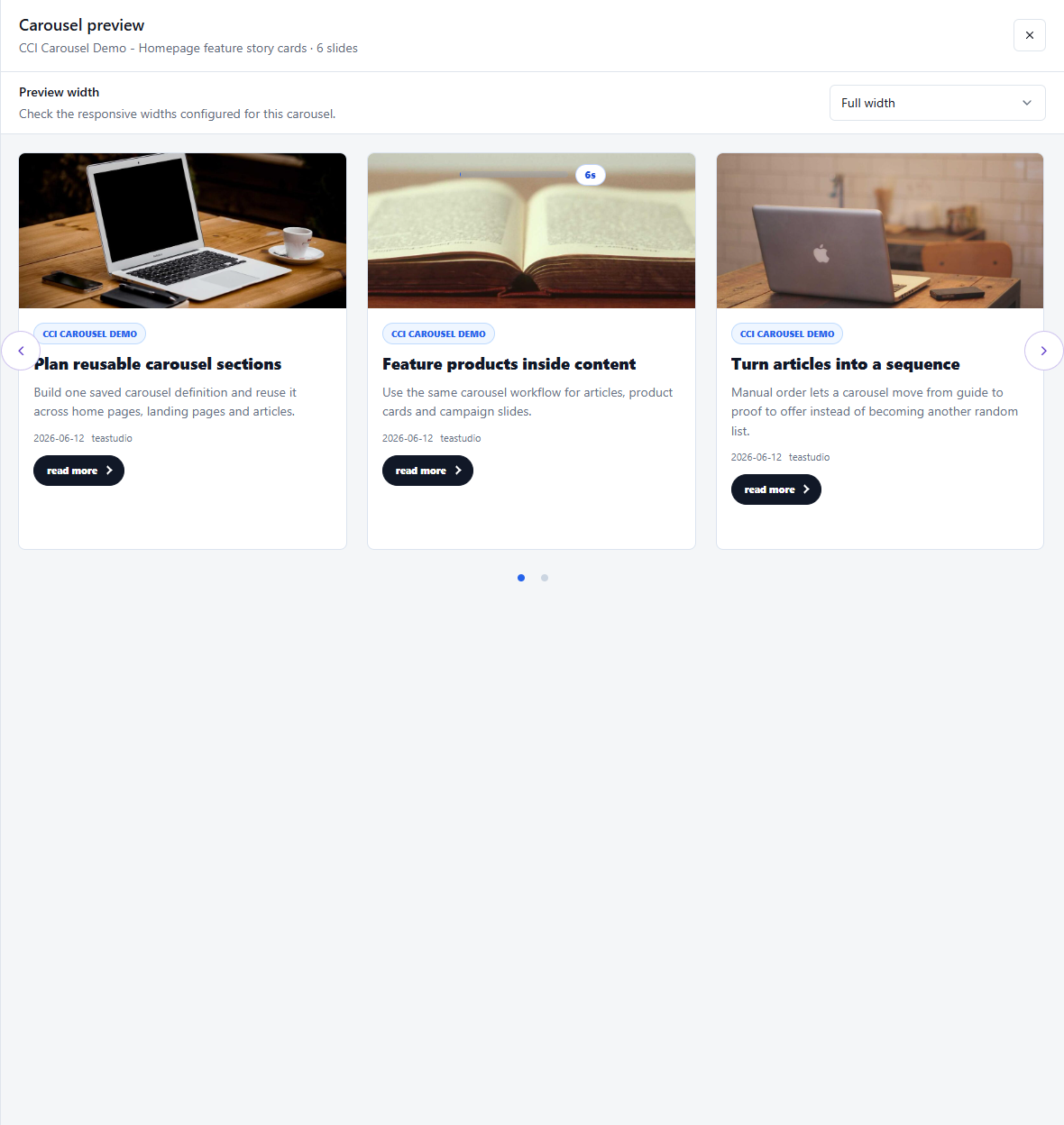 Preview article cards and test the carousel at different widths.