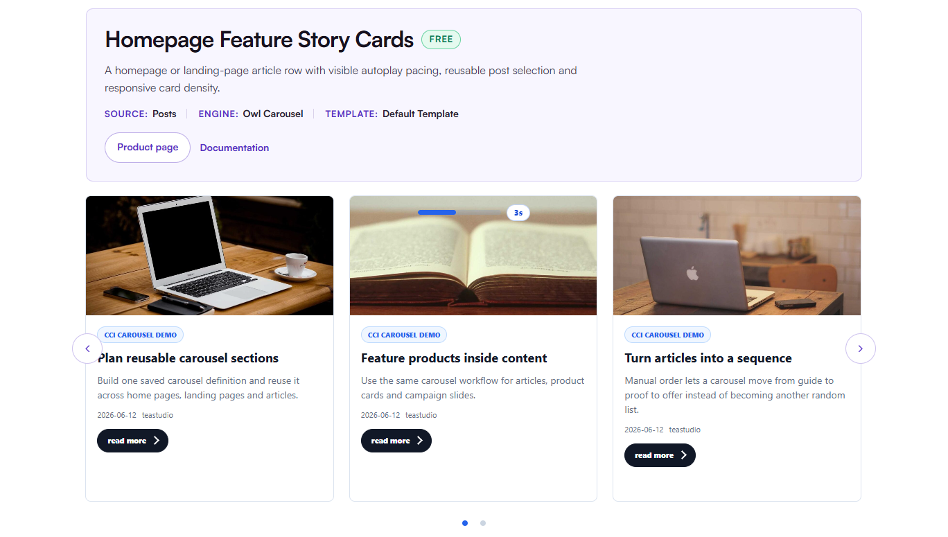 Present WordPress articles as image cards with excerpts and links to the full posts.