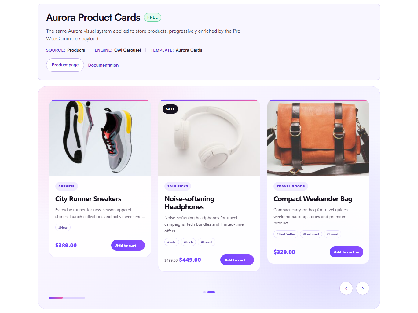 Aurora Cards is an optional template extension. The displayed prices, sale badges and Add to cart actions are supplied by Pro.