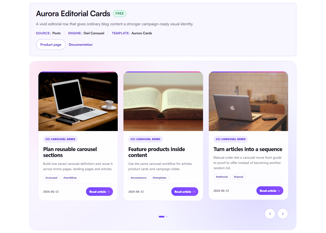 The optional Aurora Cards extension presents article images, excerpts and navigation.