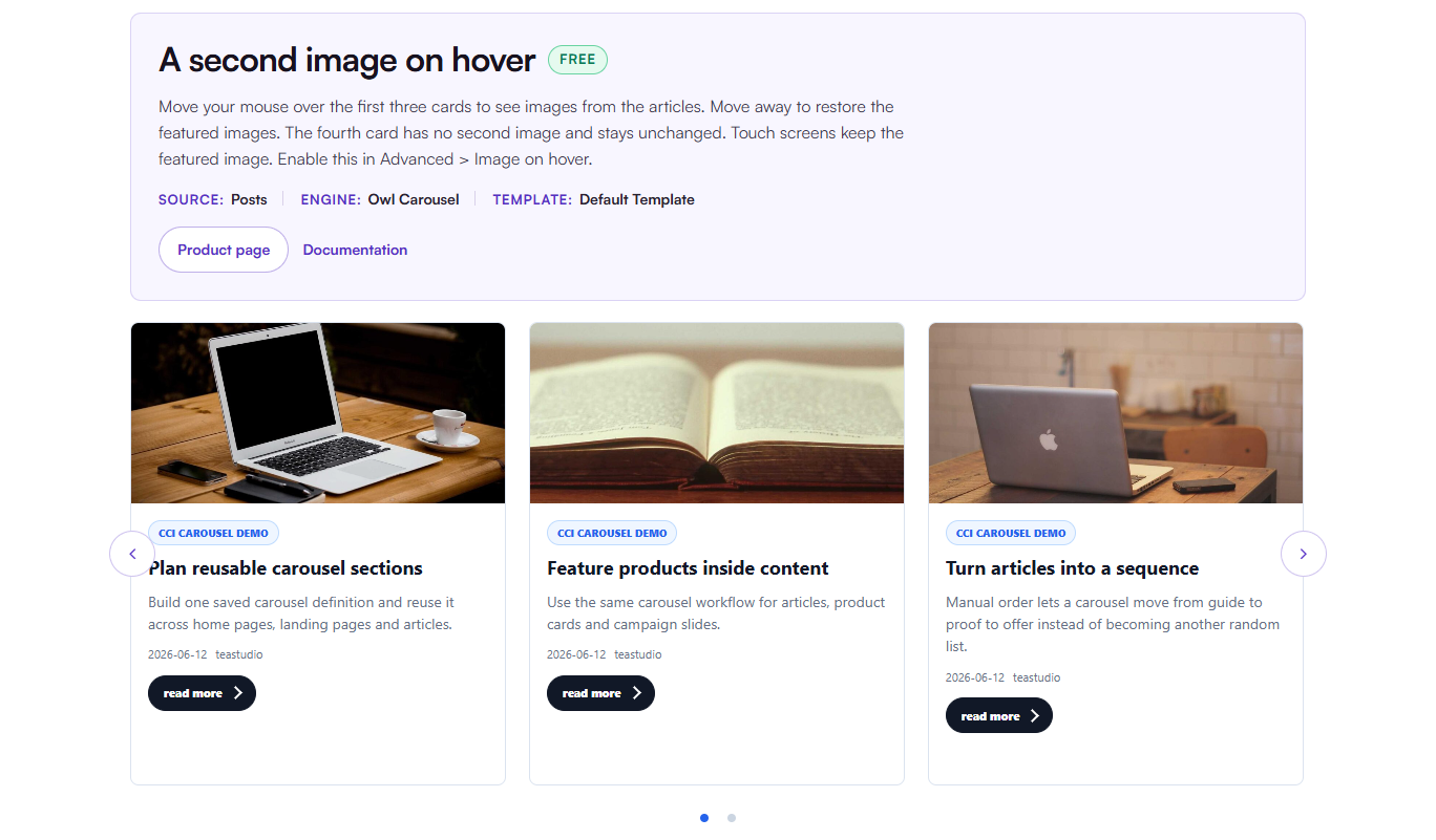 The base plugin can show a second image on mouse hover. Touch screens retain the featured image.