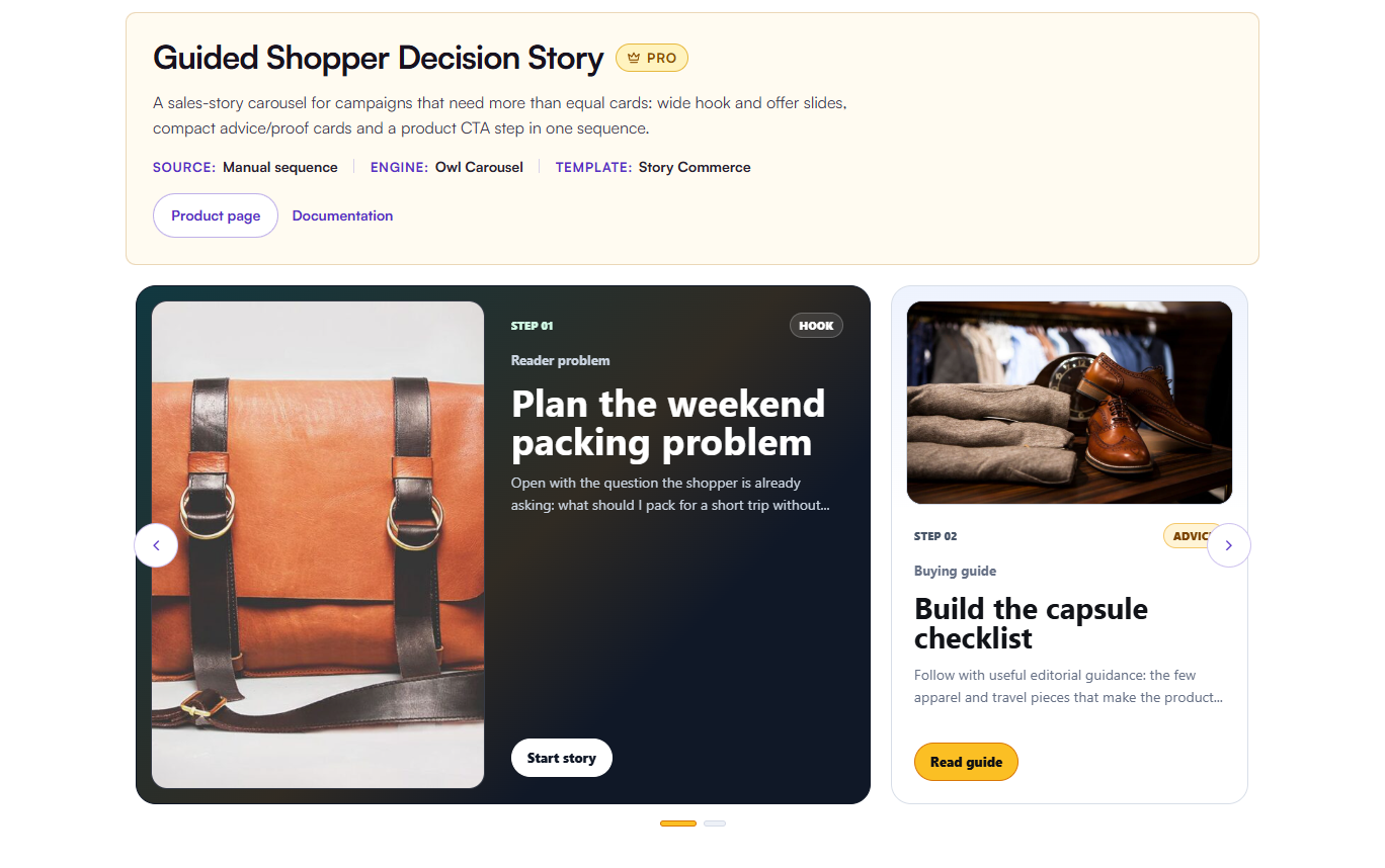 Story Commerce combines a wide opening slide and supporting cards into a numbered shopping story. Included in Pro.