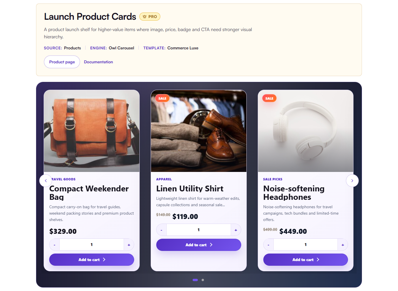 Commerce Luxe presents product images, sale prices, quantity controls and Add to cart buttons on a dark carousel background. Included in Pro.