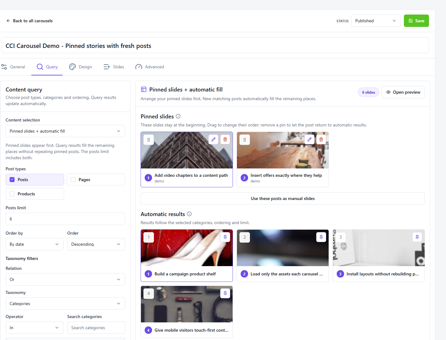 Reorder pinned posts and let the query fill the remaining places without duplicate posts.