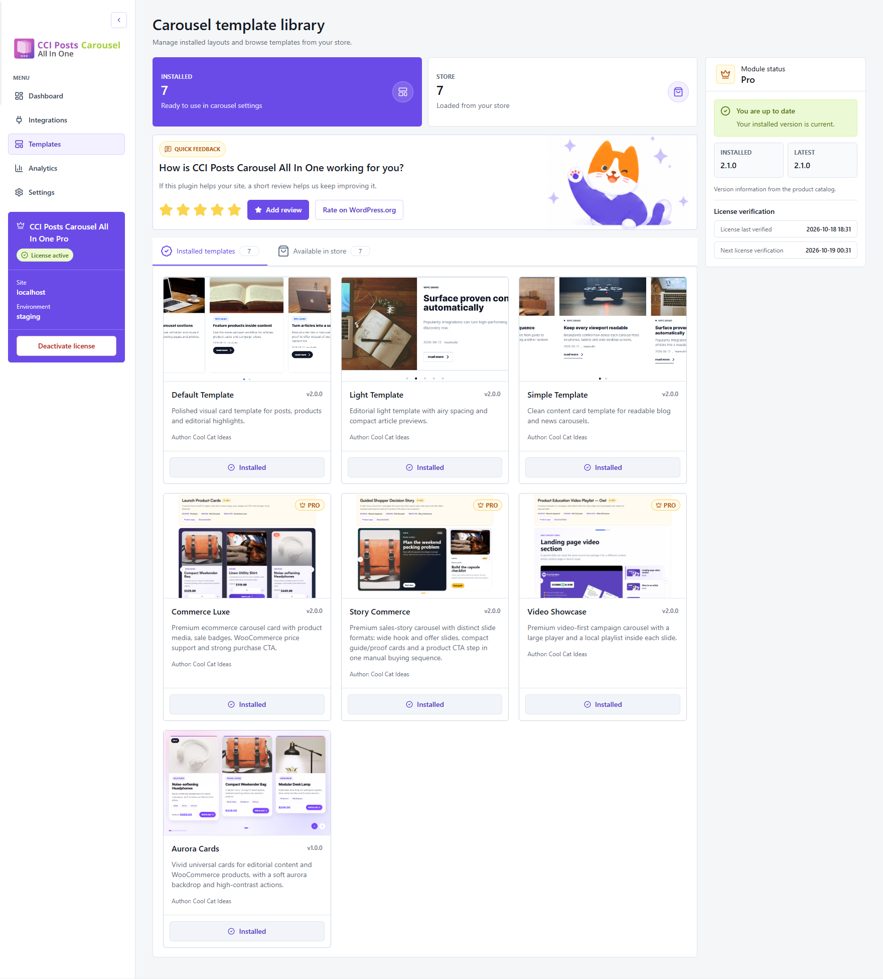 Compare installed templates and browse additional layouts. The demo includes Pro templates and optional extensions.