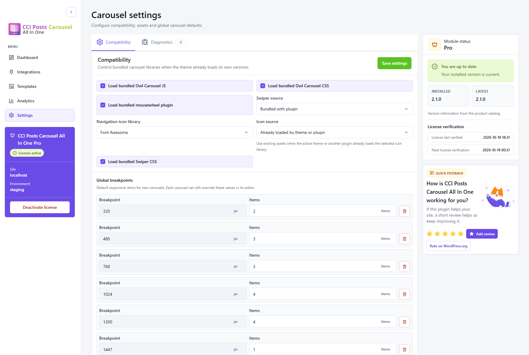 Control carousel libraries and icon assets, and set the default responsive breakpoints.