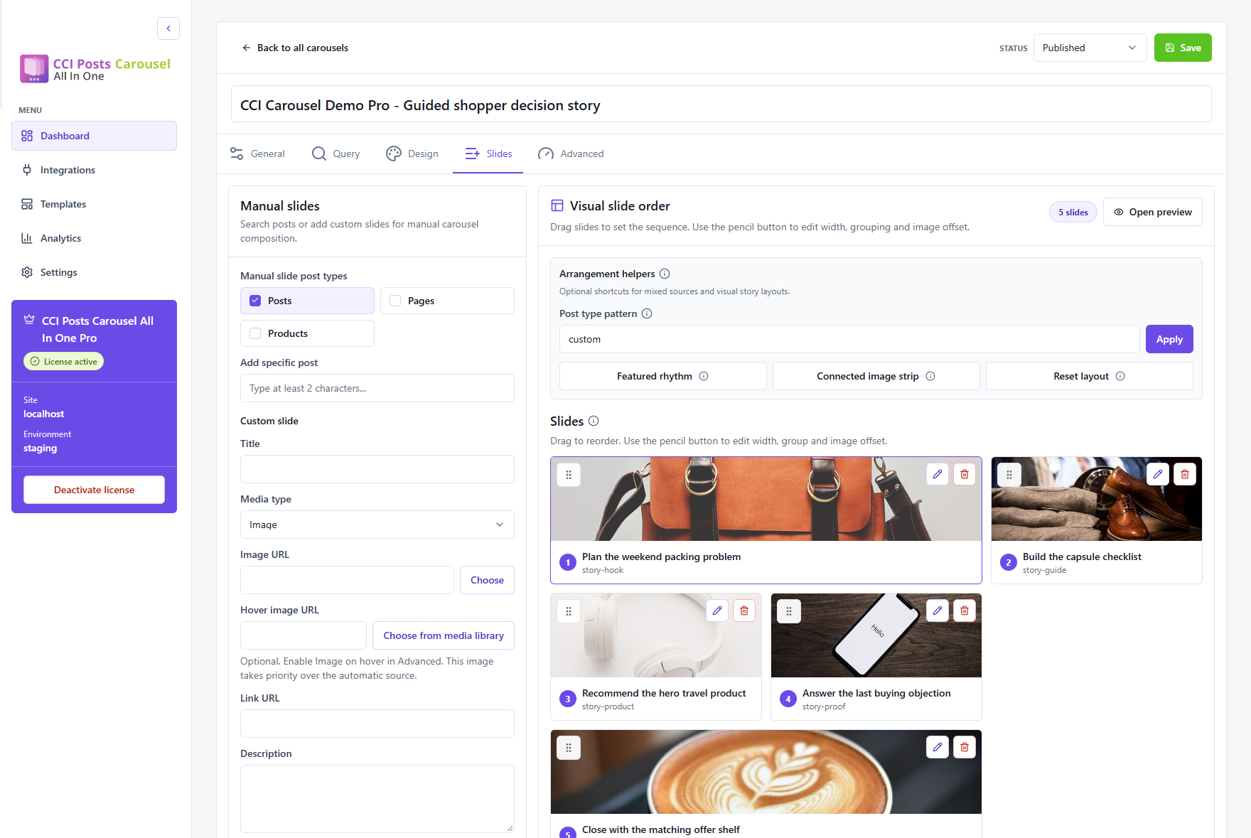 Search for existing content or add a custom image slide, then arrange its position in the sequence.