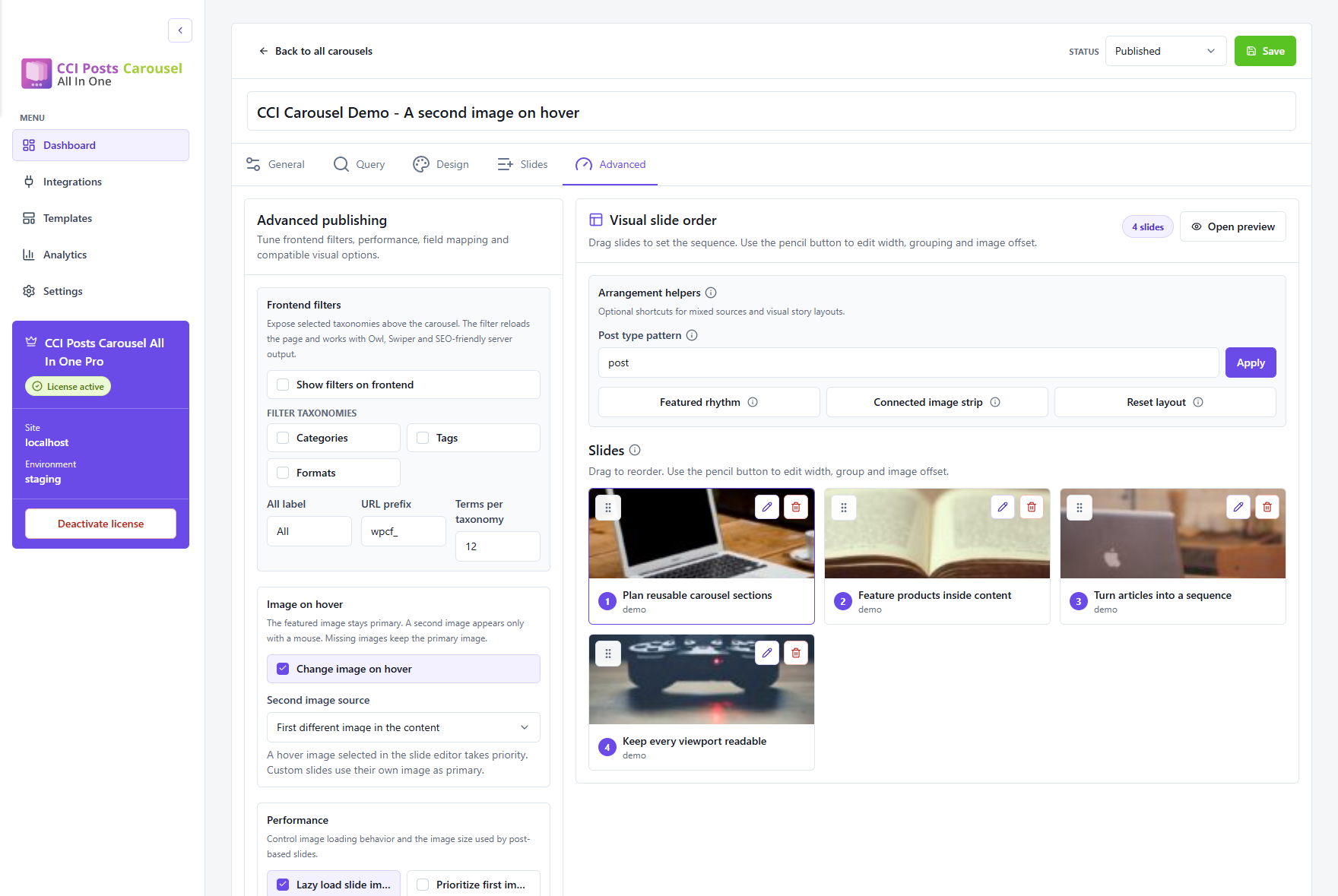 Enable an optional second image on mouse hover. The featured image remains the default.