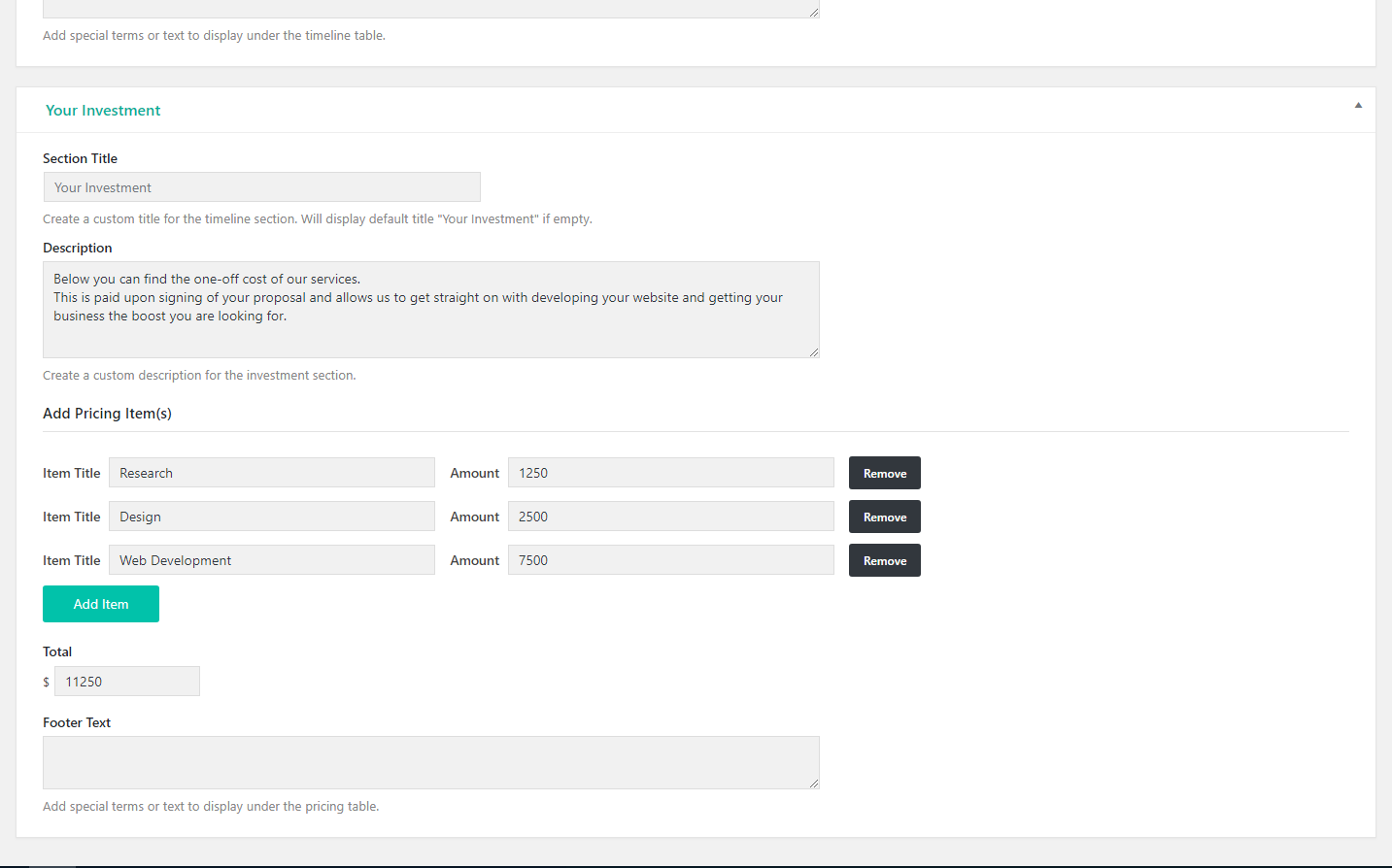 WP Proposals Pricing Metabox