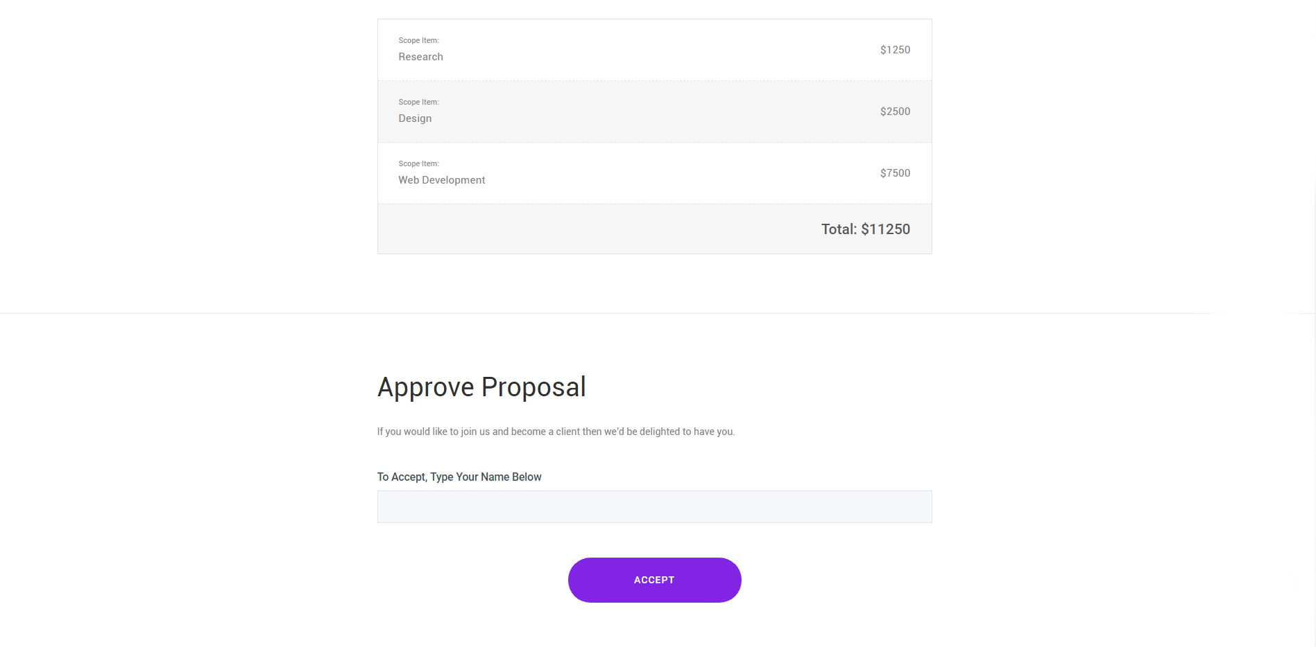 Proposal Investment Table and Approval Form