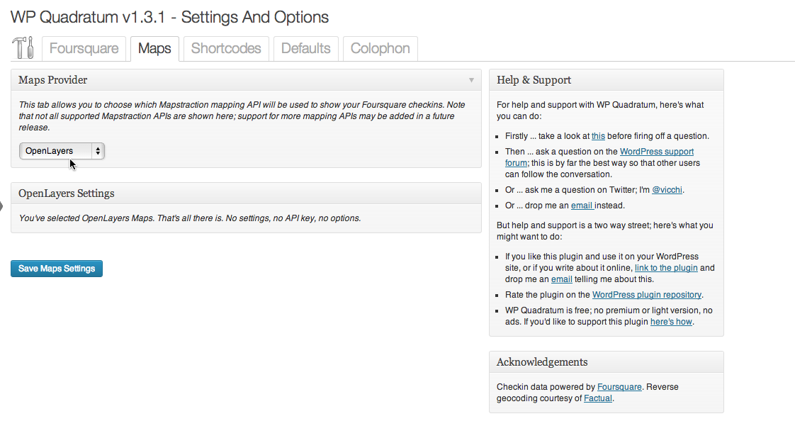 Settings and Options: Maps Tab; OpenLayers Maps configuration